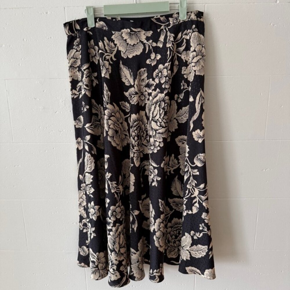 Vintage | Ornate Gold Print Midi Skirt Flowy Floral Lightweight | Waist 16"
